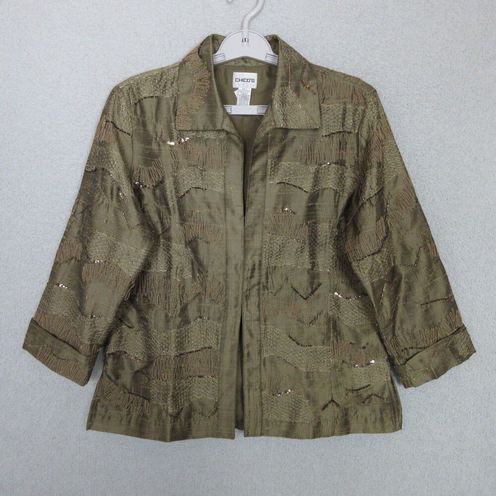 Chicos Jacket Womens Size 1 (M/8) Olive Embroidered Sequin Open Front 3/4 Sleeve